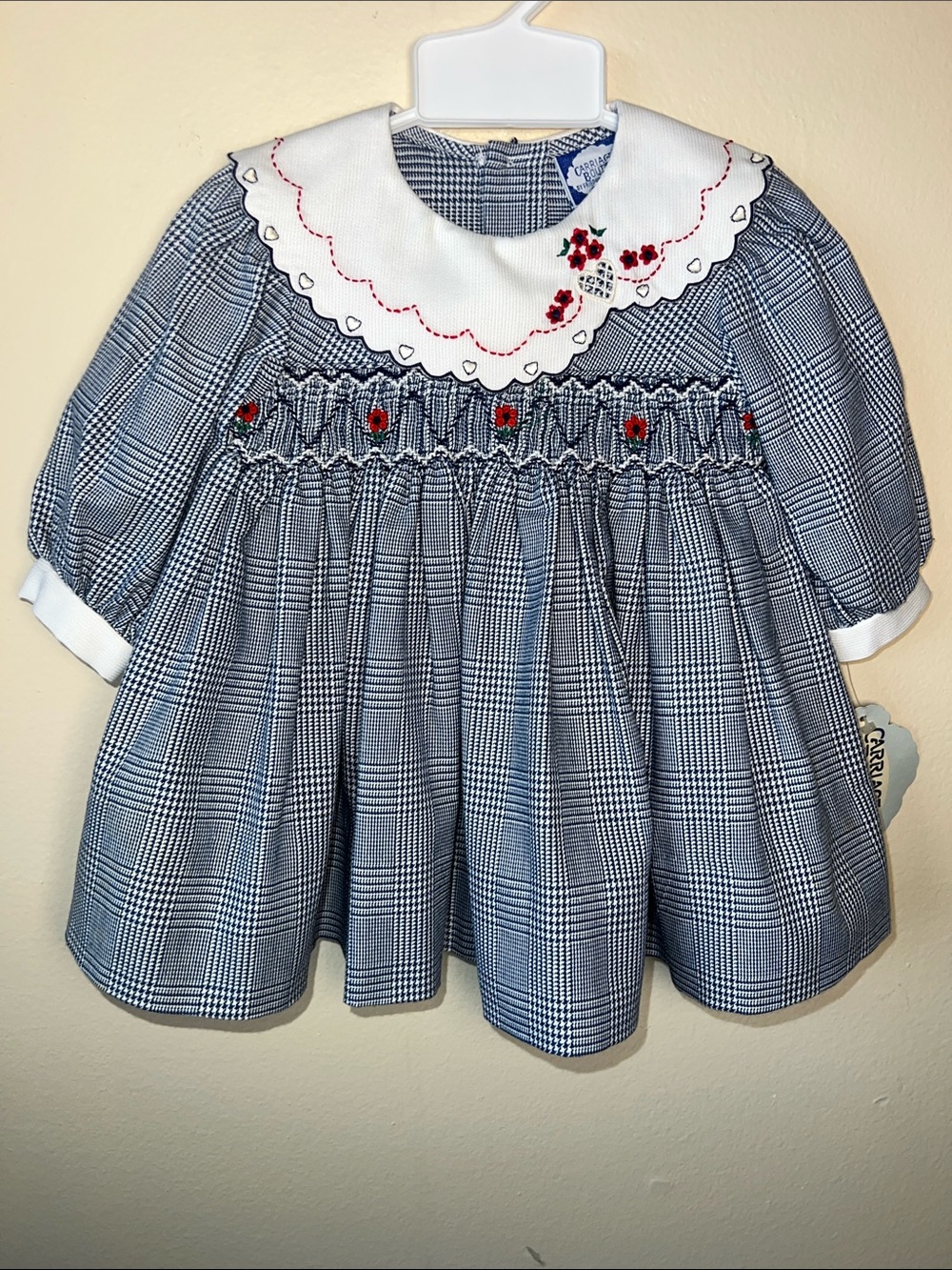 VTG Carriage Boutique Smocked Dress with Red Floral Embroidery Size 3M